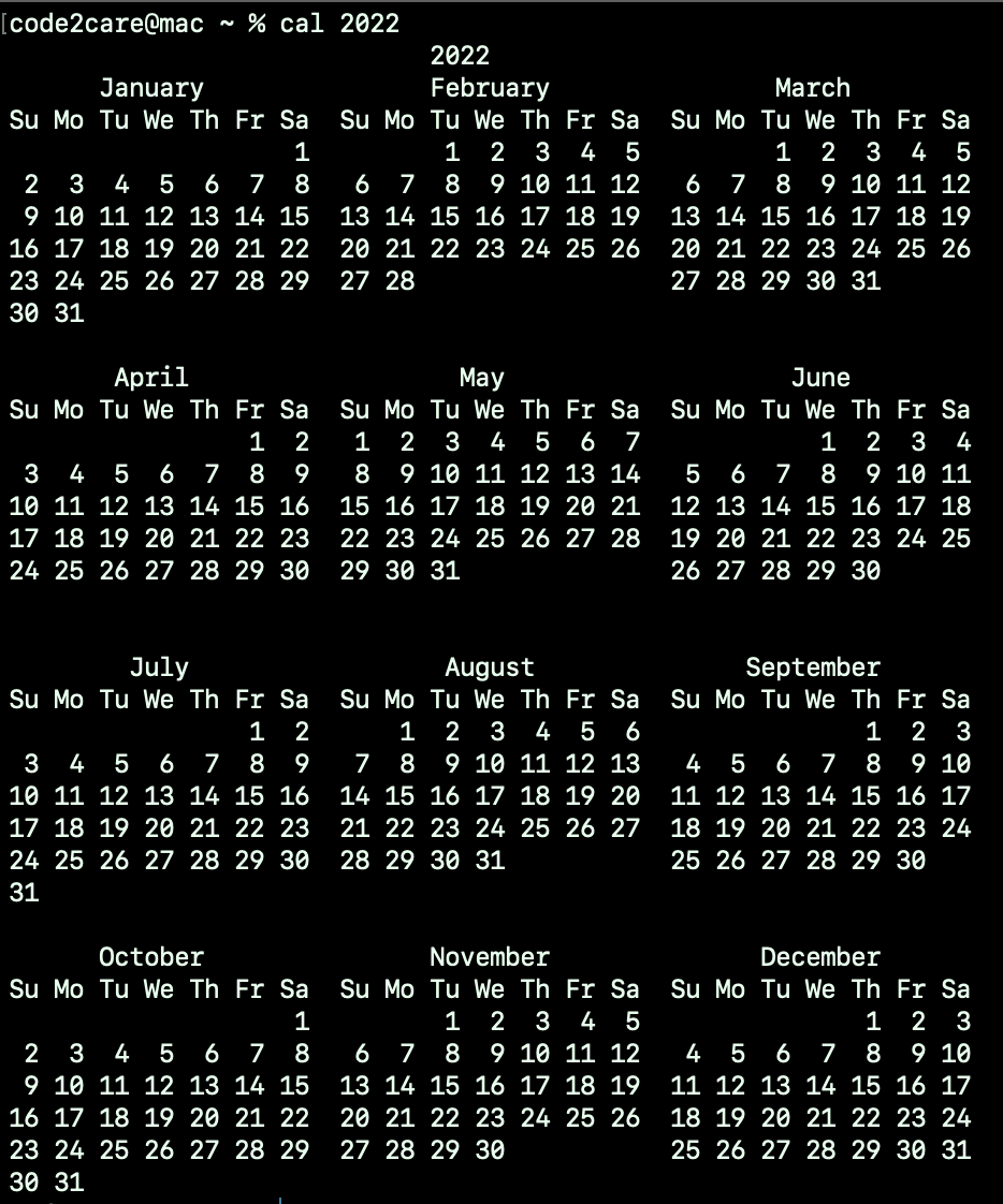 Year 2022 Calender using Terminal Command - macos - linux - bash